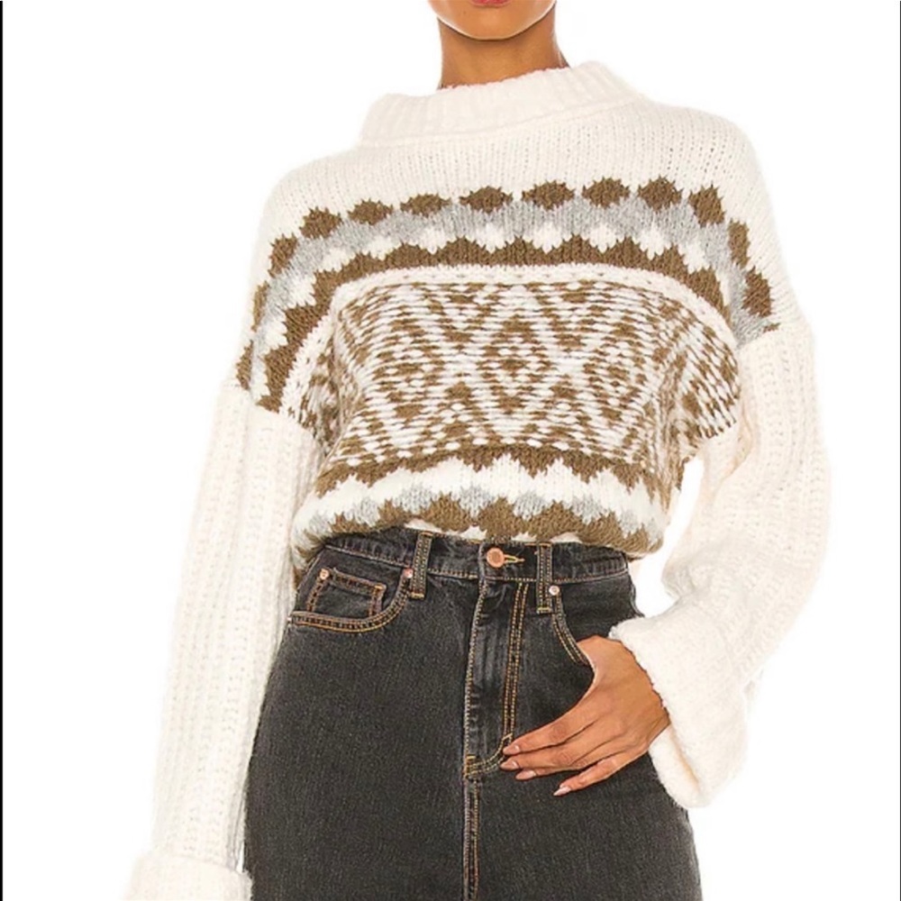 FREE PEOPLE NWT WHITE BROWN GRAY OVERSIZED LONG SLEEVE TURTLENECK SWEATER L - Picture 2 of 11